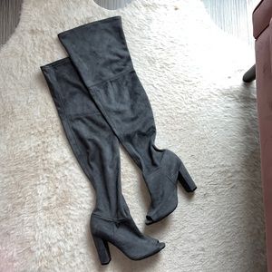 Thigh high grey peep toe boots